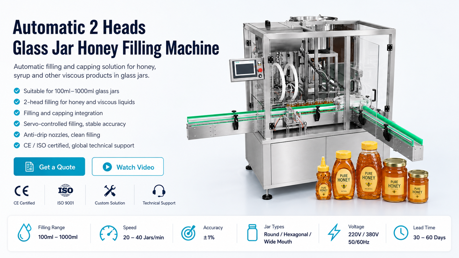 Automatic 2-Head Glass Jar Honey Filling Machine