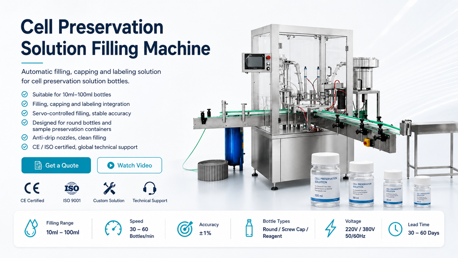Cell Preservation Solution Filling Machine for 10ml-100ml Bottles