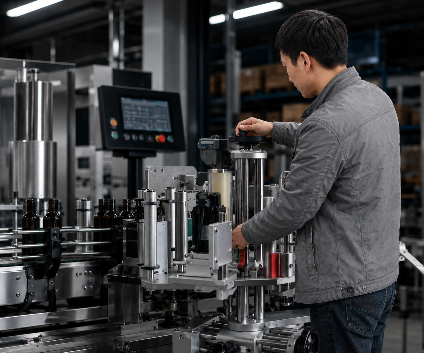 Honest Machinery engineer testing and adjusting an automatic labeling machine for stable and accurate production performance.